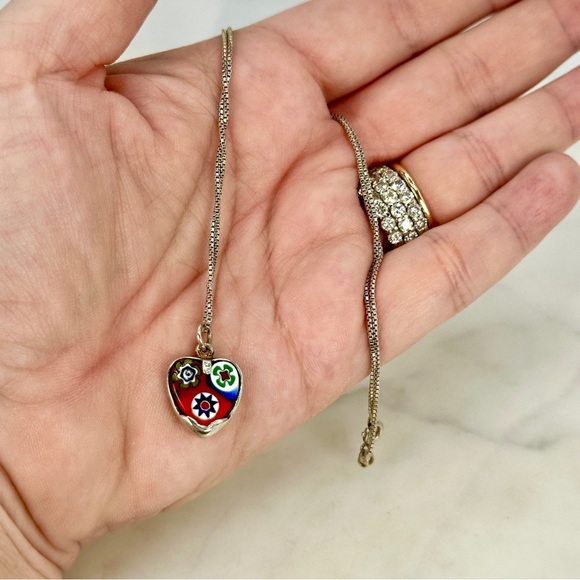 Vintage Millefiori Heart Necklace Italian 925 Sterling Silver Box Chain Red Blue - Picture 6 of 11